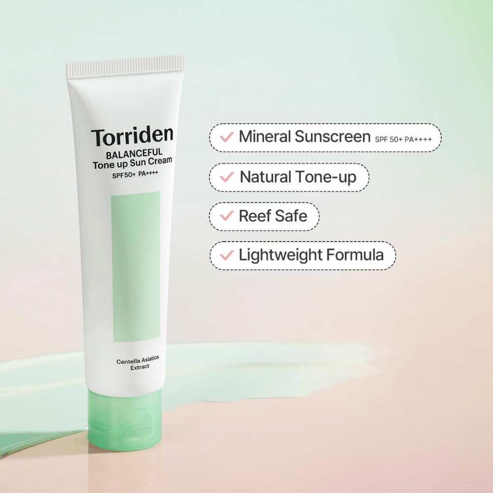 Torriden Balanceful Tone Up Sun Cream SPF50+ PA++++ presented with a focus on mineral-based sun protection, a natural tone-up effect, a reef-safe formula, and a lightweight texture.