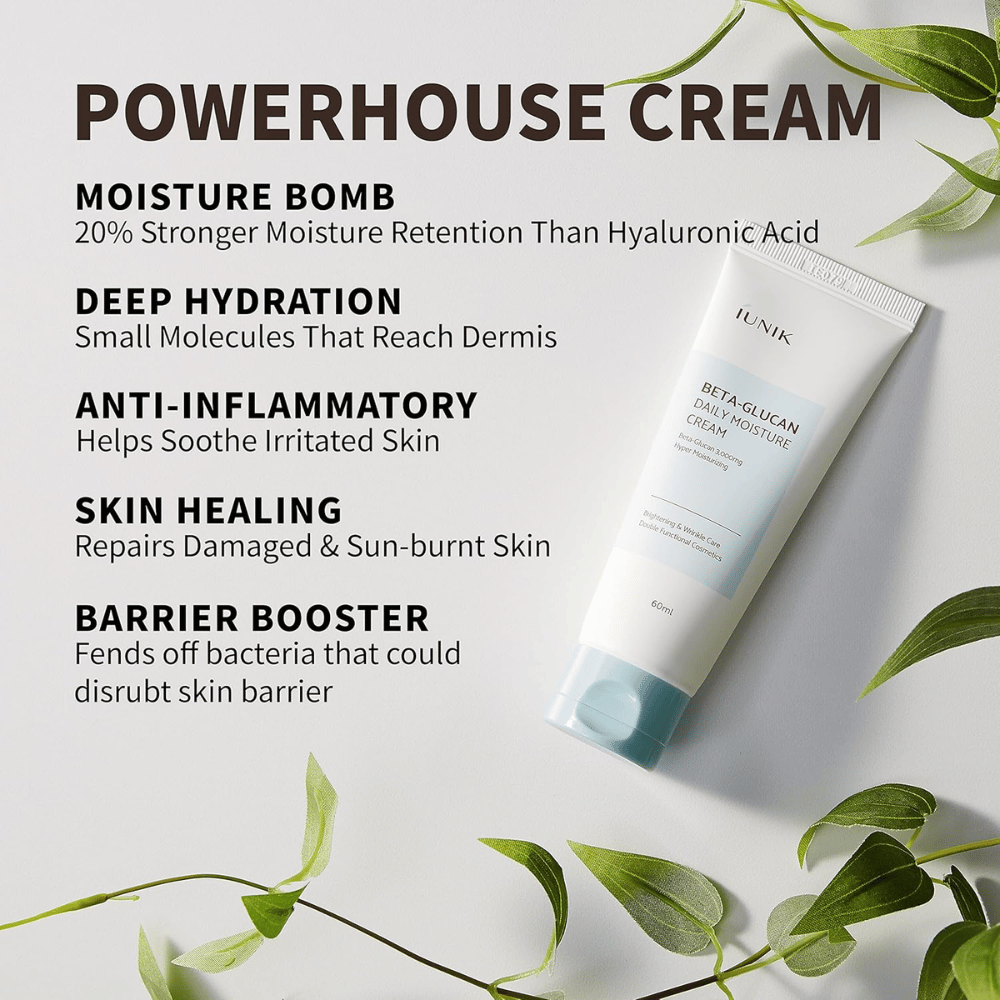 Product image focusing on the main benefits of iUNIK Beta-Glucan Daily Moisture Cream. The image highlights intensive hydration, deep moisture, soothing properties, support for the skin barrier, and care for dry or irritated skin.