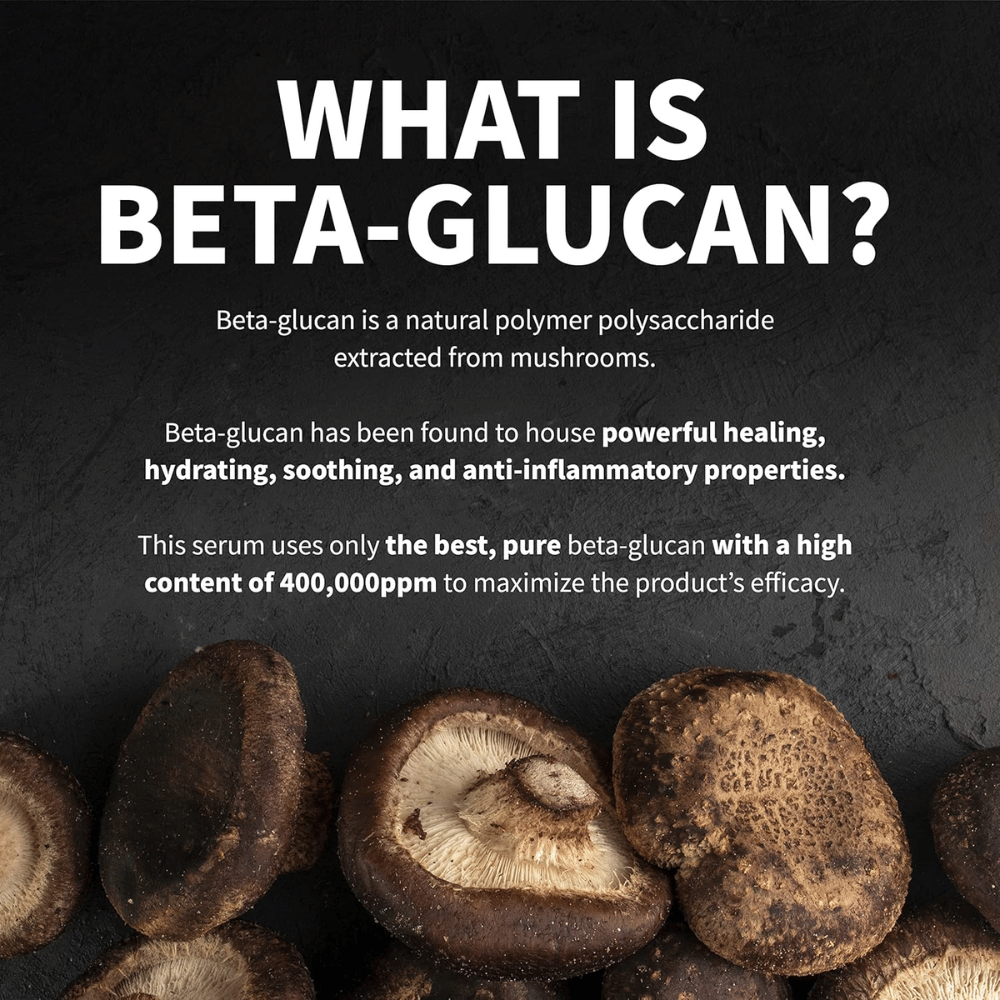 Informational image explaining what beta-glucan is. The image shows mushrooms as the raw material source and describes beta-glucan as an ingredient with moisturizing, soothing, and skin-caring properties.