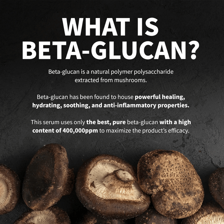Informational image explaining what beta-glucan is. The image shows mushrooms as the raw material source and describes beta-glucan as an ingredient with moisturizing, soothing, and skin-caring properties.