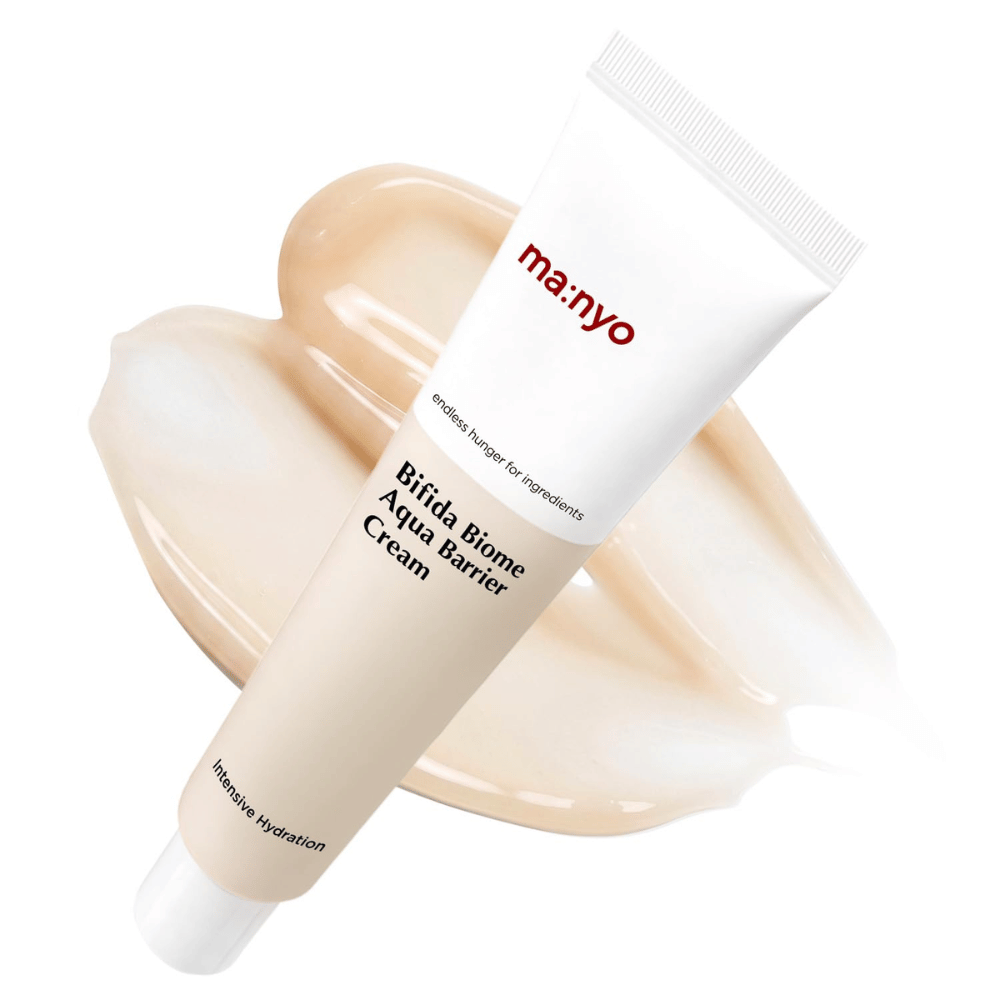 4. Ma:nyo Bifida Biome Aqua Barrier Cream – moisturizing face cream in a white tube with a beige creamy texture in the background