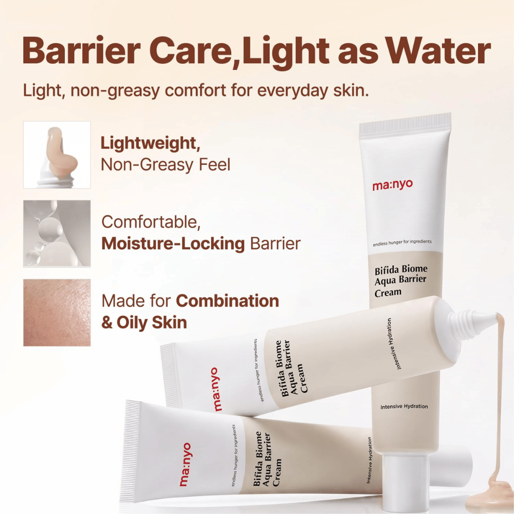 3. Ma:nyo Bifida Biome Aqua Barrier Cream – moisturizing barrier cream with a lightweight consistency for oily and combination skin
