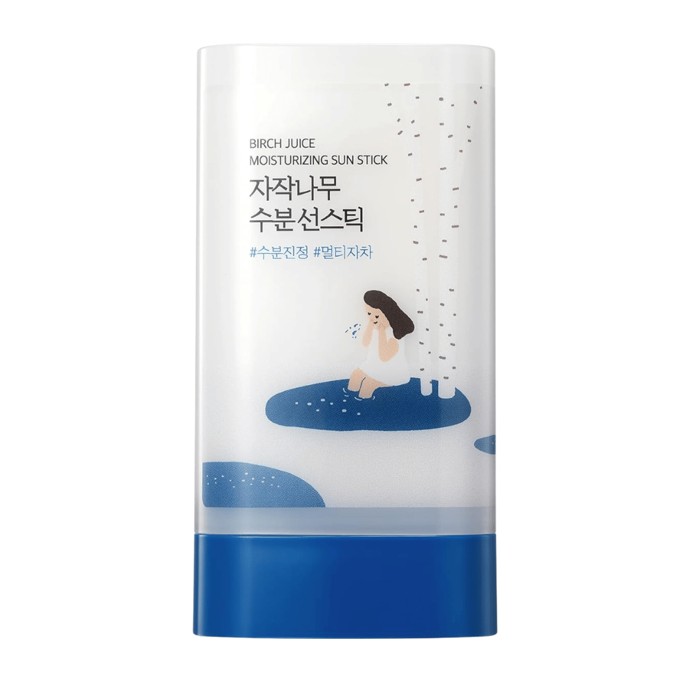 Close-up of ROUND LAB Birch Juice Moisturizing Sun Stick with design and packaging in white and blue
