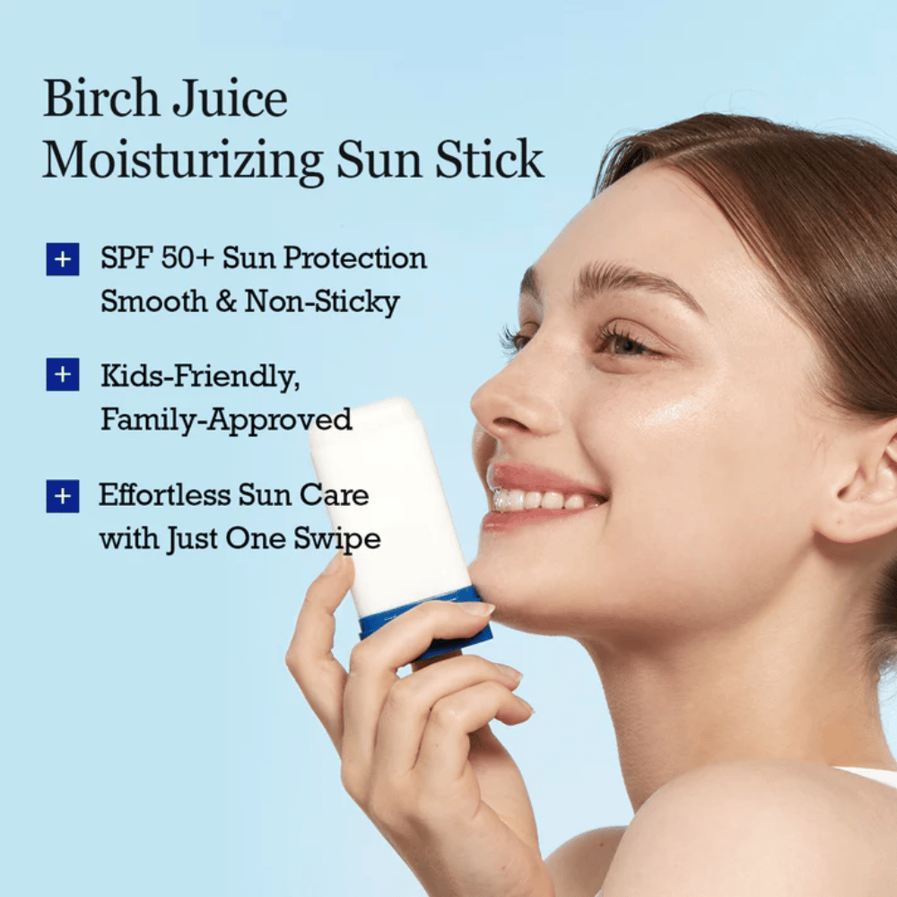 A person applies ROUND LAB Birch Juice Moisturizing Sun Stick to the face for smooth, moisturizing sun protection