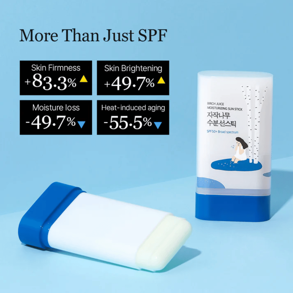 ROUND LAB Birch Juice Sun Stick with SPF50+ is shown with results of improved skin elasticity and reduced moisture loss
