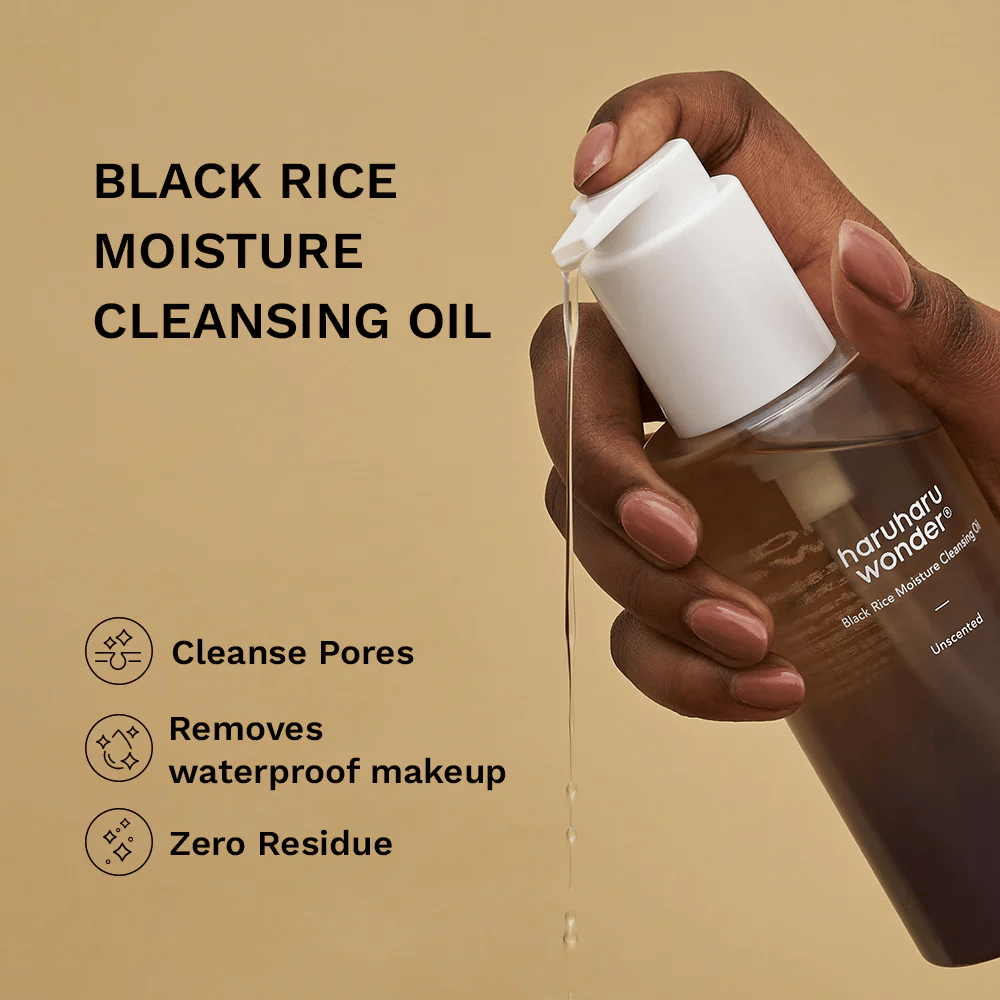 Haruharu Wonder Black Rice Moisture Cleansing Oil dispenses cleansing oil – effective against waterproof makeup, cleanses pores, and leaves no residue.
