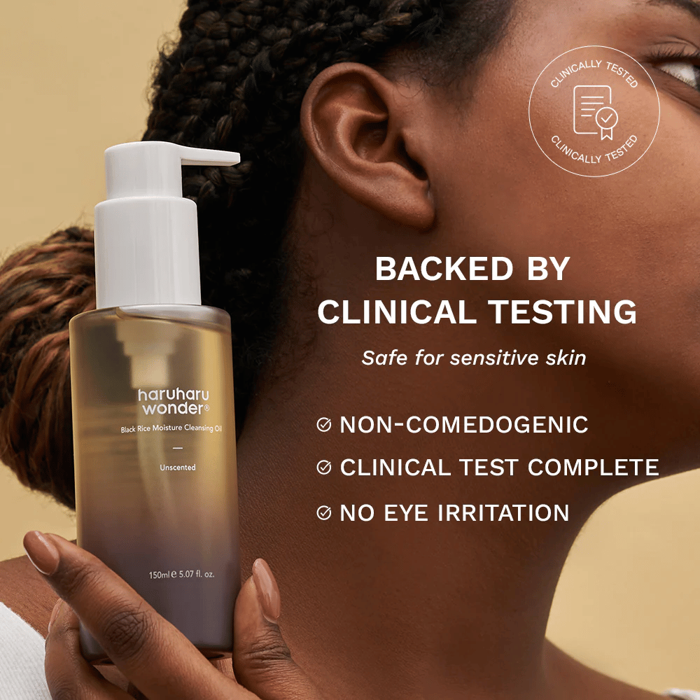 Haruharu Wonder Black Rice Moisture Cleansing Oil 150 ml – clinically tested oil cleanser for sensitive skin, non-comedogenic, and without eye irritation.