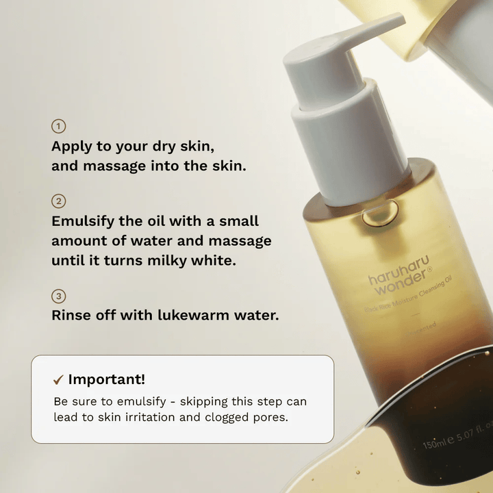 Haruharu Wonder Black Rice Moisture Cleansing Oil application guide – oil cleanser that is massaged onto dry skin, emulsified with water, and rinsed off for effective makeup removal.