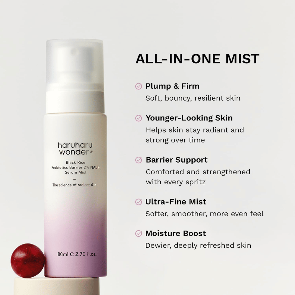 Haruharu Wonder Black Rice Probiotics Barrier 2% NAD+ Serum Mist – hydrates, strengthens the skin barrier, and adds glow