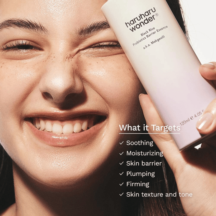 Haruharu Wonder Black Rice Probiotics Barrier Essence is applied to the face for hydration, a soothing effect, and a strengthened skin barrier