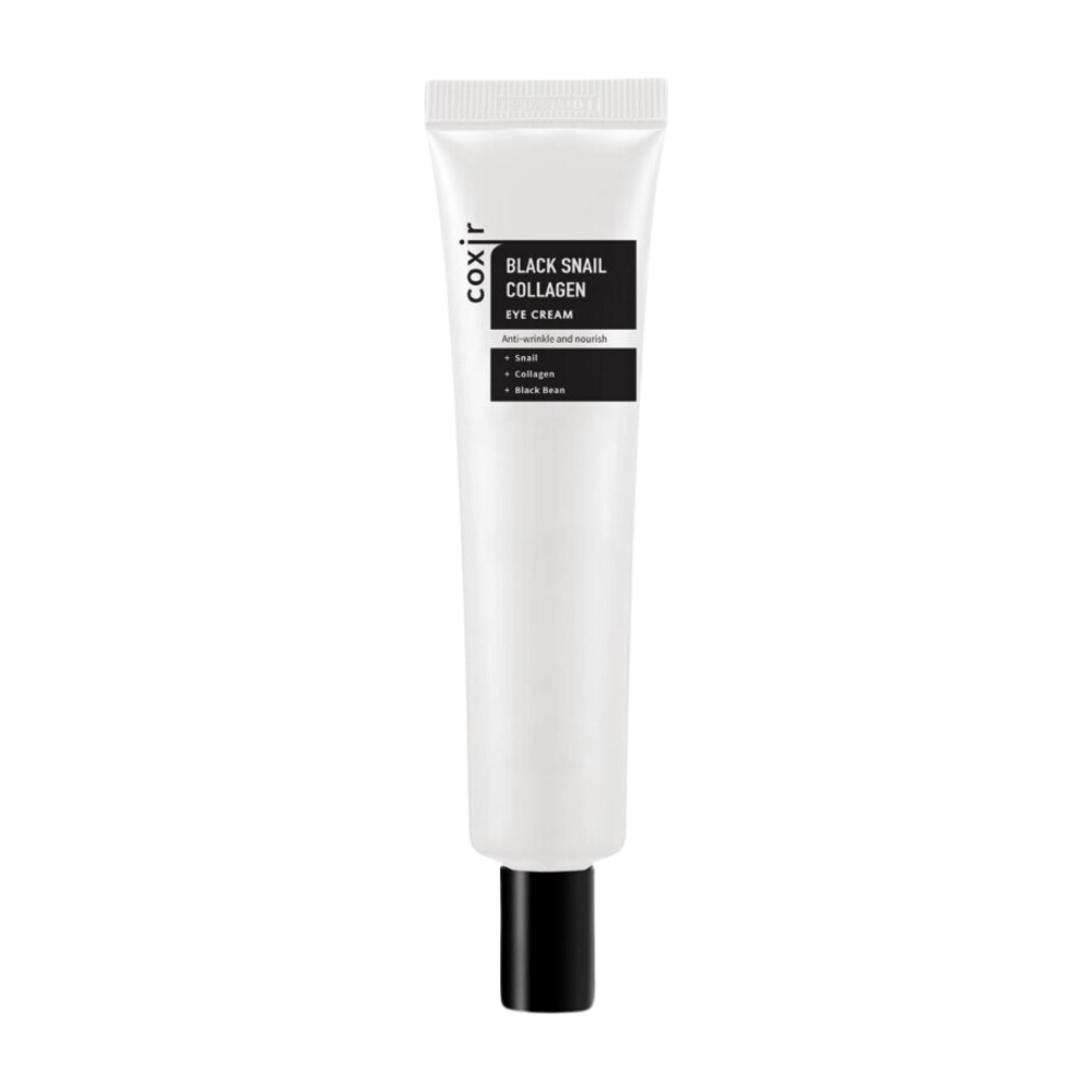The image shows a tube of "Black Snail Collagen Eye Cream", an eye cream that highlights ingredients such as snail extract, collagen, and black bean. These ingredients are known for their anti-wrinkle and nourishing properties. The product is designed to moisturize and care for the sensitive skin around the eyes.