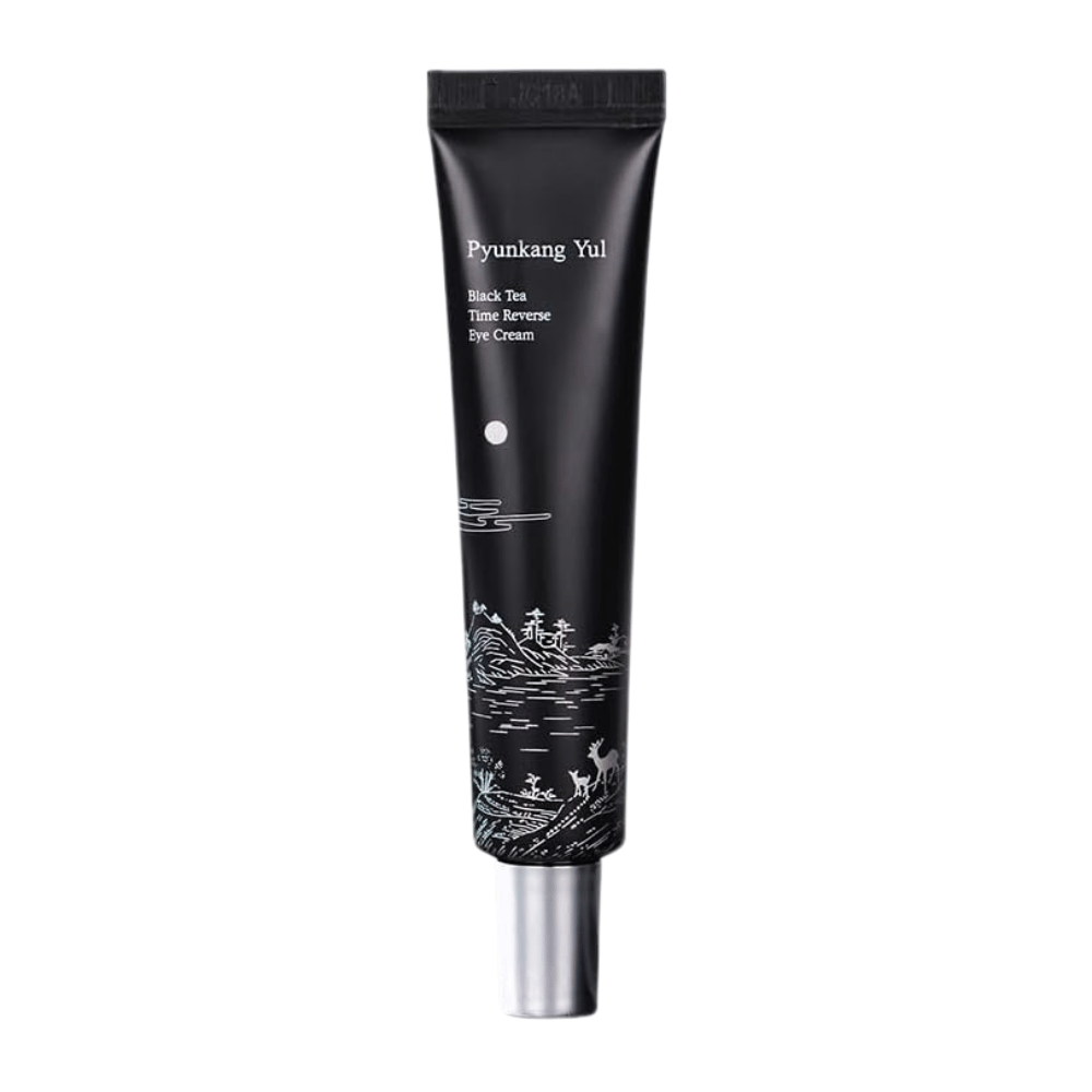 Pyunkang Yul Black Tea Time Reverse Eye Cream 25 ml in a black tube with fermented black tea, peptides, and moisturizing ingredients for the eye area.