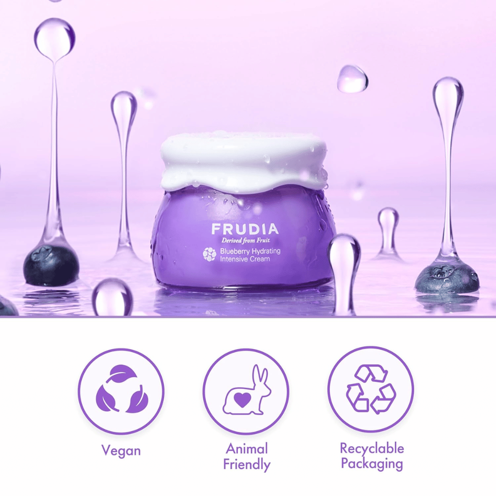 FRUDIA Blueberry Hydrating Intensive Cream in a water environment with a vegan formula, cruelty-free properties and recyclable packaging