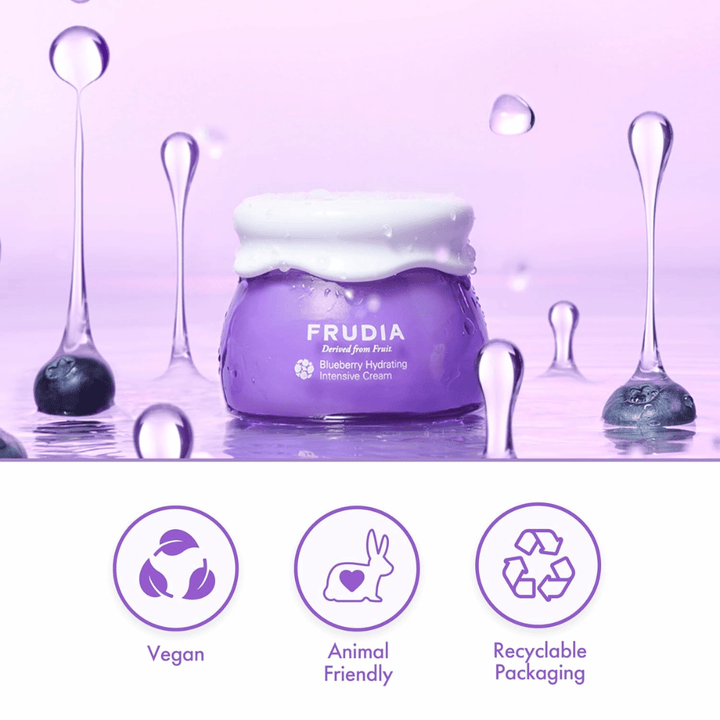 FRUDIA Blueberry Hydrating Intensive Cream in a water environment with a vegan formula, cruelty-free properties and recyclable packaging