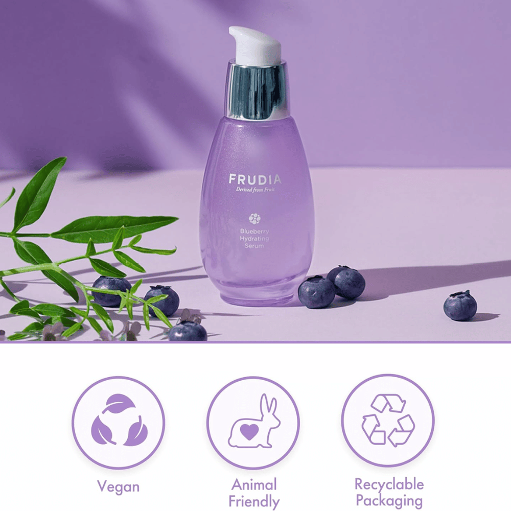FRUDIA Blueberry Hydrating Serum with blueberry extract, vegan formula, cruelty-free and recyclable packaging, developed for hydration and radiance.