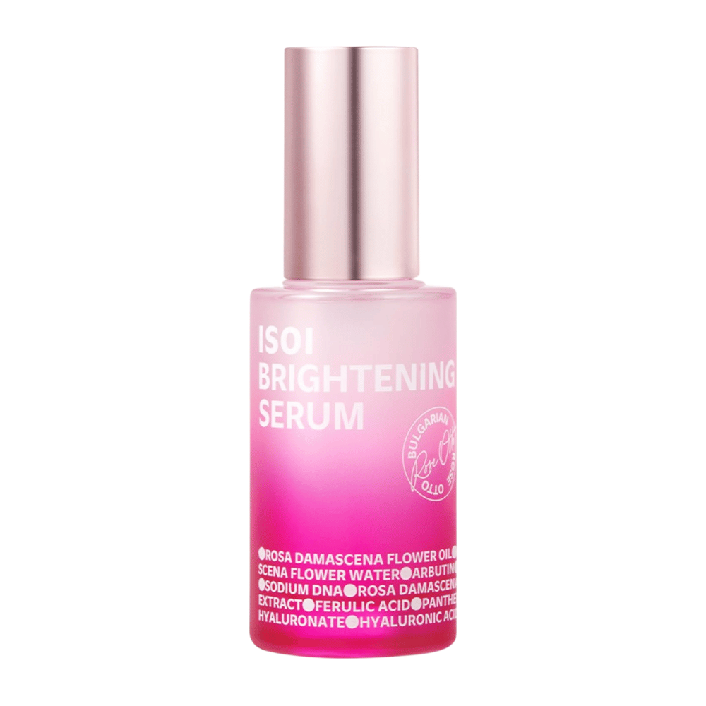 ISOI Brightening Serum 35 ml, radiance-boosting facial serum with Rose PDRN and arbutin in a pink glass bottle with a metallic pink cap against a white background.