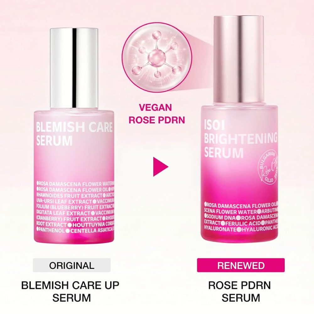 ISOI Brightening Serum with vegan Rose PDRN. Comparison between the original Blemish Care Up Serum and the updated pink serum bottle.