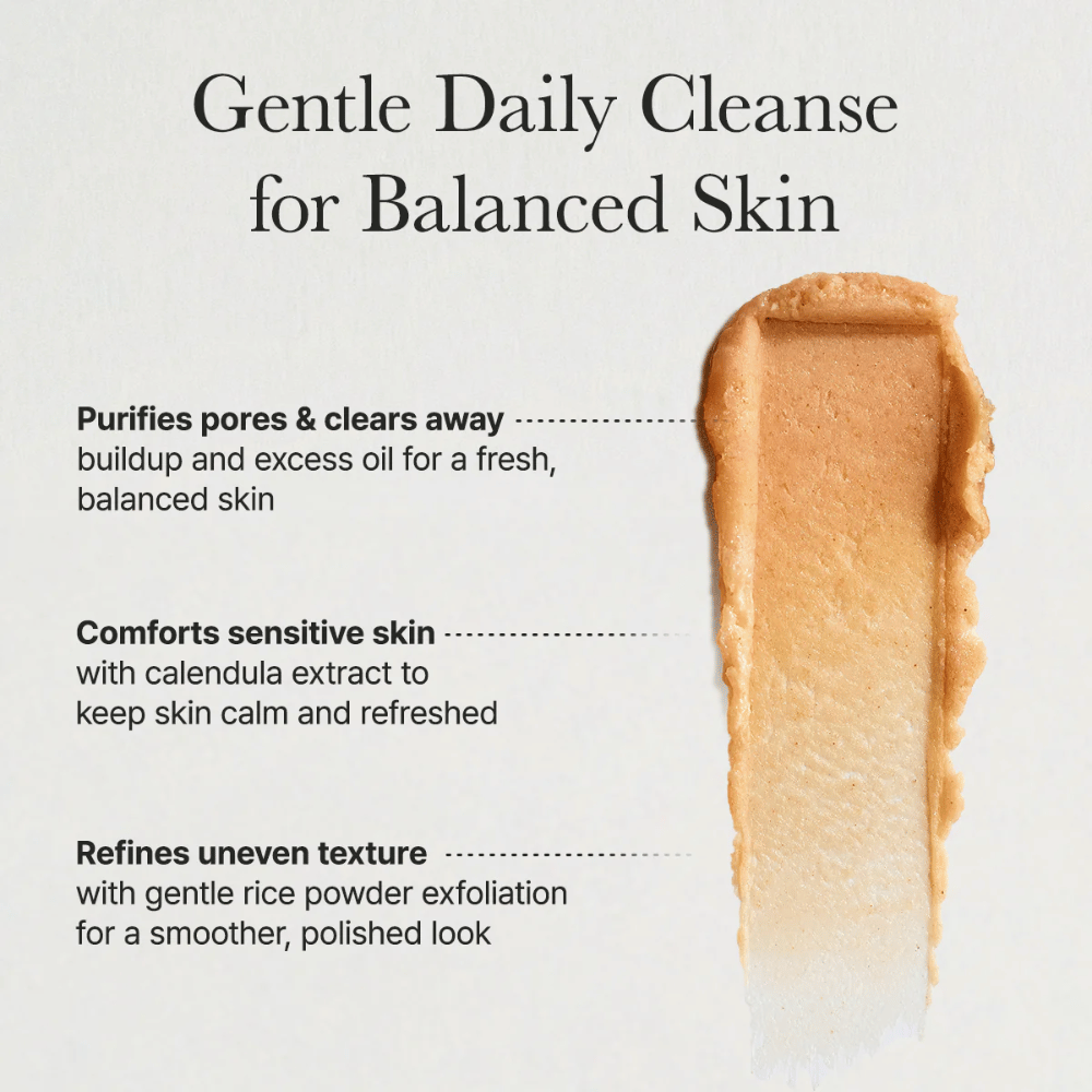 Close-up of Arencia Calendula Rice Mochi Cleanser – creamy cleanser that purifies pores, soothes sensitive skin, and evens out skin texture.