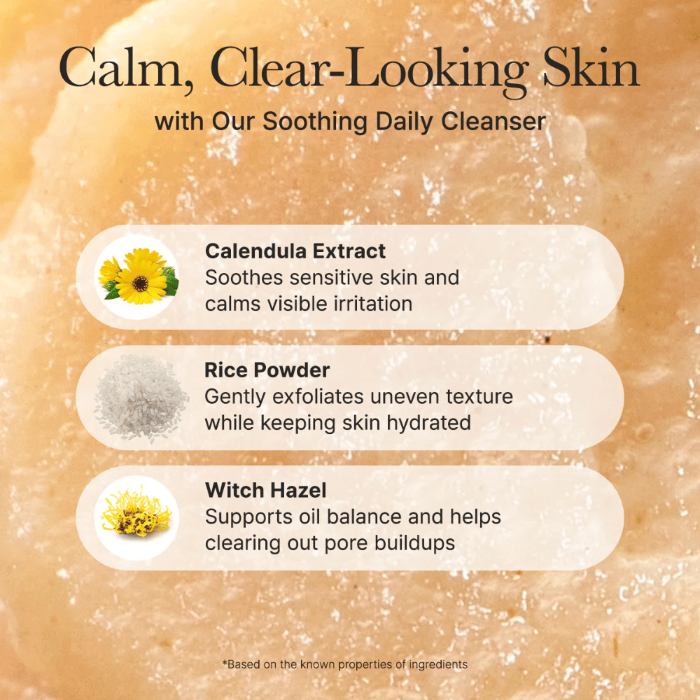 Arencia Calendula Rice Mochi Cleanser with ingredients like calendula, rice powder, and witch hazel – soothes, exfoliates, and balances the skin.