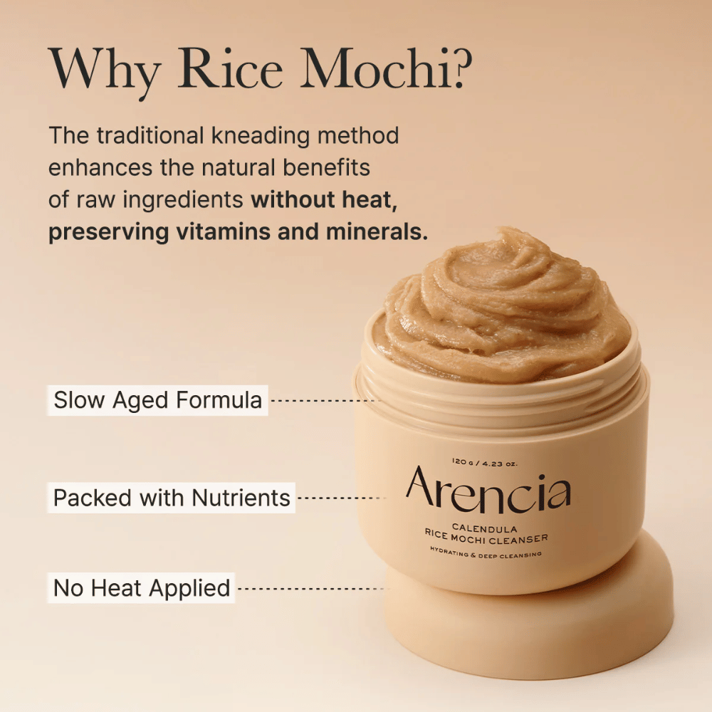Arencia Calendula Rice Mochi Cleanser with a description of its cold-pressed formula that preserves vitamins and minerals for nutritious skincare.