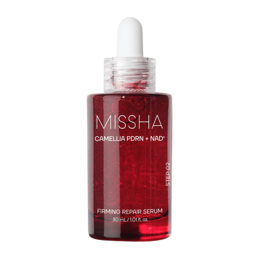 7. MISSHA Camellia PDRN NAD+ Firming Repair Serum 30 ml – red glass bottle with dropper and visible red capsules against a white background