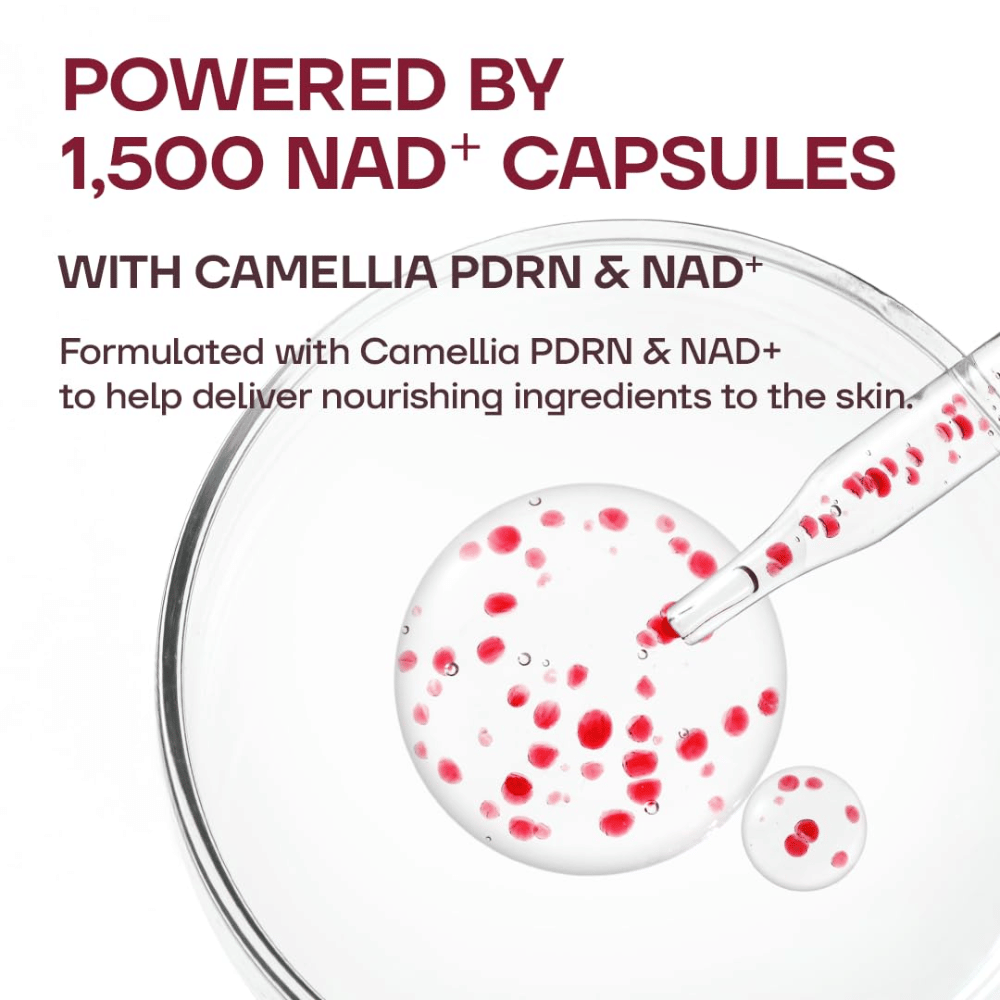 3. MISSHA Camellia PDRN NAD+ Firming Repair Serum – close-up of the serum’s transparent texture with 1500 red NAD+ capsules