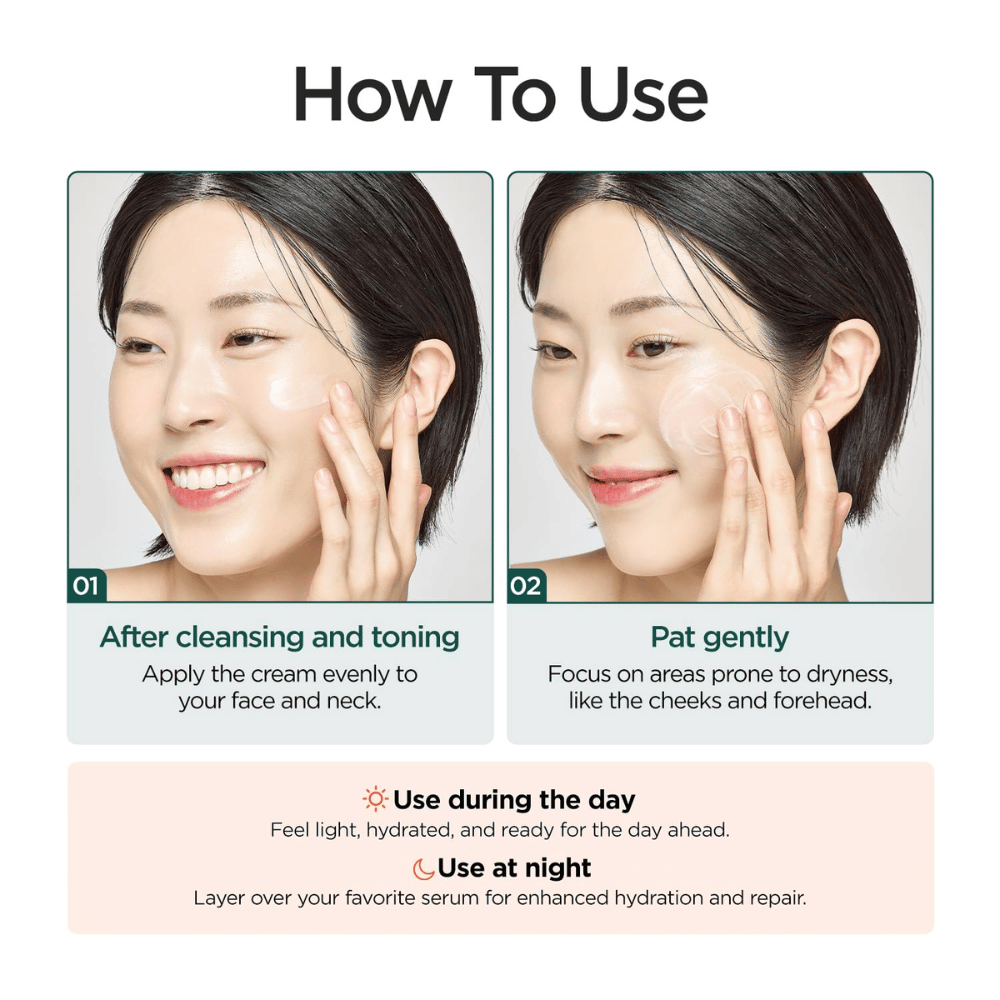 Instructional image showing how P.CALM Cato Cream is used after cleansing and toner. A model applies the cream to the cheeks, and the product is recommended both day and night for hydration and skin barrier care.