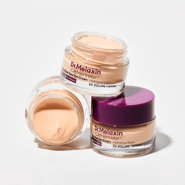 Dr.Melaxin Cemenrete Eye Cream from multiple angles, Korean eye cream against dark spots and fine lines with volumizing and firming effect.