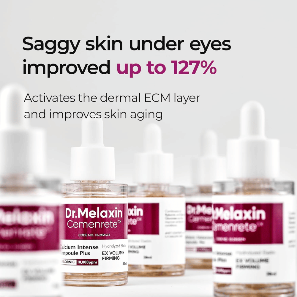 Dr. Melaxin Cemenrete Calcium Intense Ampoule Plus is shown focusing on improving sagging skin under the eyes, activating the skin's ECM layer and supporting anti-aging.