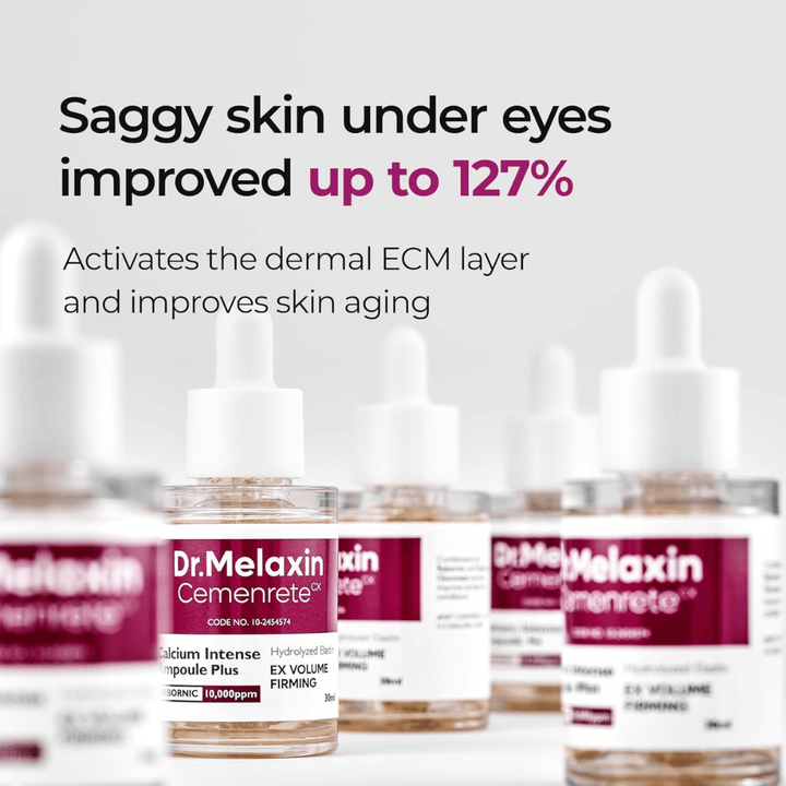 Dr. Melaxin Cemenrete Calcium Intense Ampoule Plus is shown focusing on improving sagging skin under the eyes, activating the skin's ECM layer and supporting anti-aging.