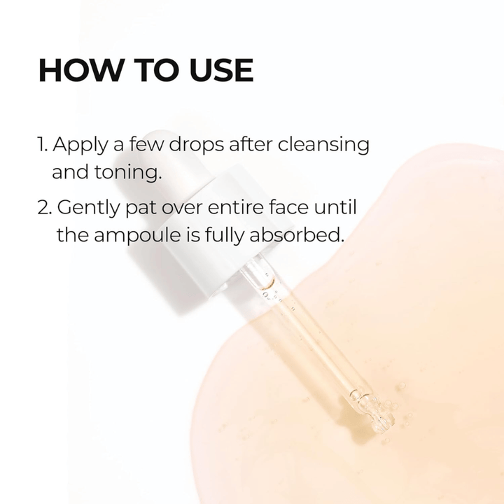 Instructional image showing how Dr. Melaxin Cemenrete Calcium Intense Ampoule Plus is applied after cleansing and toner, by patting it into the skin until it is fully absorbed.