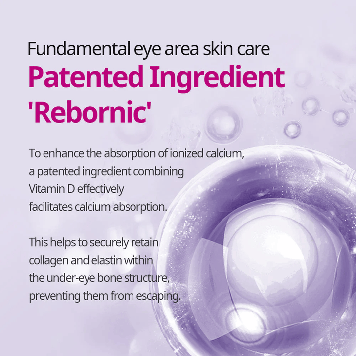 Graphic illustration of patented ingredient Rebornic in Dr.Melaxin Cemenrete, shows how calcium supports collagen and elastin in the skin for increased firmness.