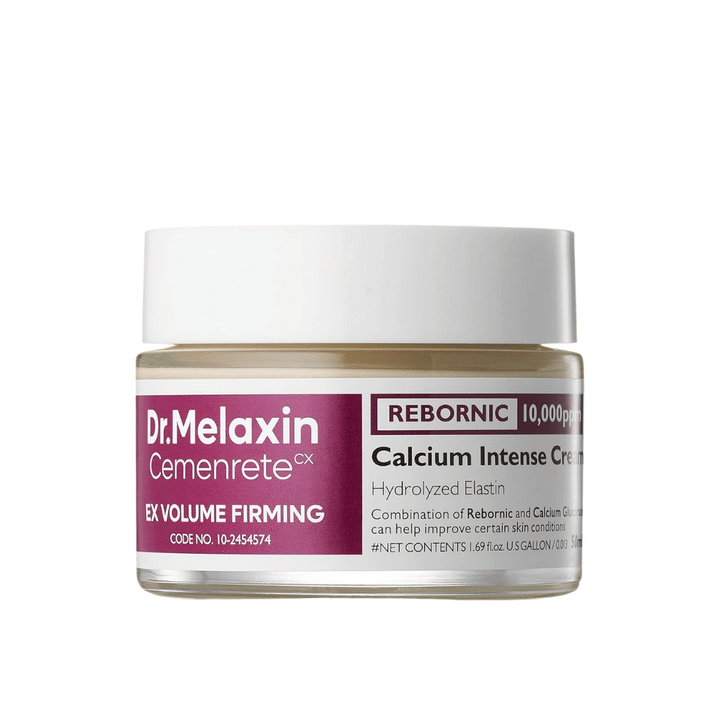 Dr.Melaxin Cemenrete Calcium Intense Cream in jar against white background, face cream with calcium, Rebornic and hydrolyzed elastin for firmer and fuller skin.