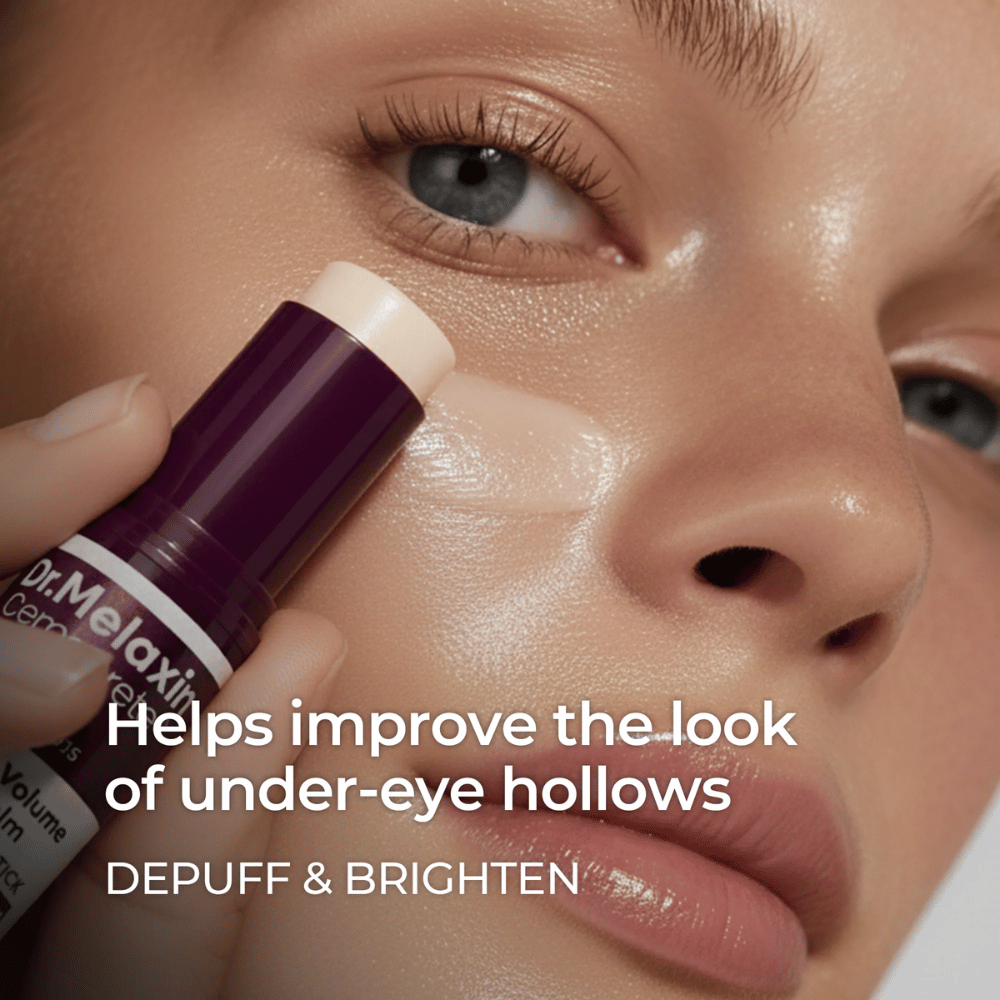 Dr. Melaxin Calcium Volume Multi Balm is used under the eyes to reduce puffiness, brighten, and improve visible hollows.