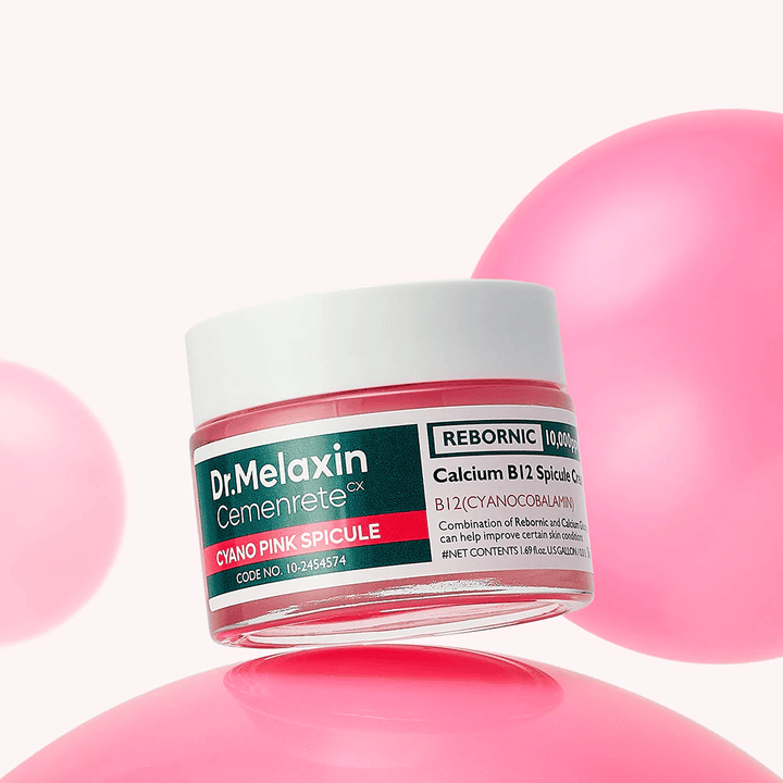 Dr. Melaxin Cemenrete Cyano Pink Spicule Cream with cyanocobalamin and spicules that help the skin renew and achieve a more even skin tone.