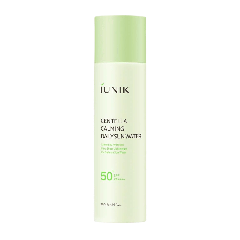 4. iUNIK Centella Calming Daily Sun Water SPF50+ PA++++ 120 ml – lightweight facial sunscreen with centella asiatica in a light green bottle against a white background