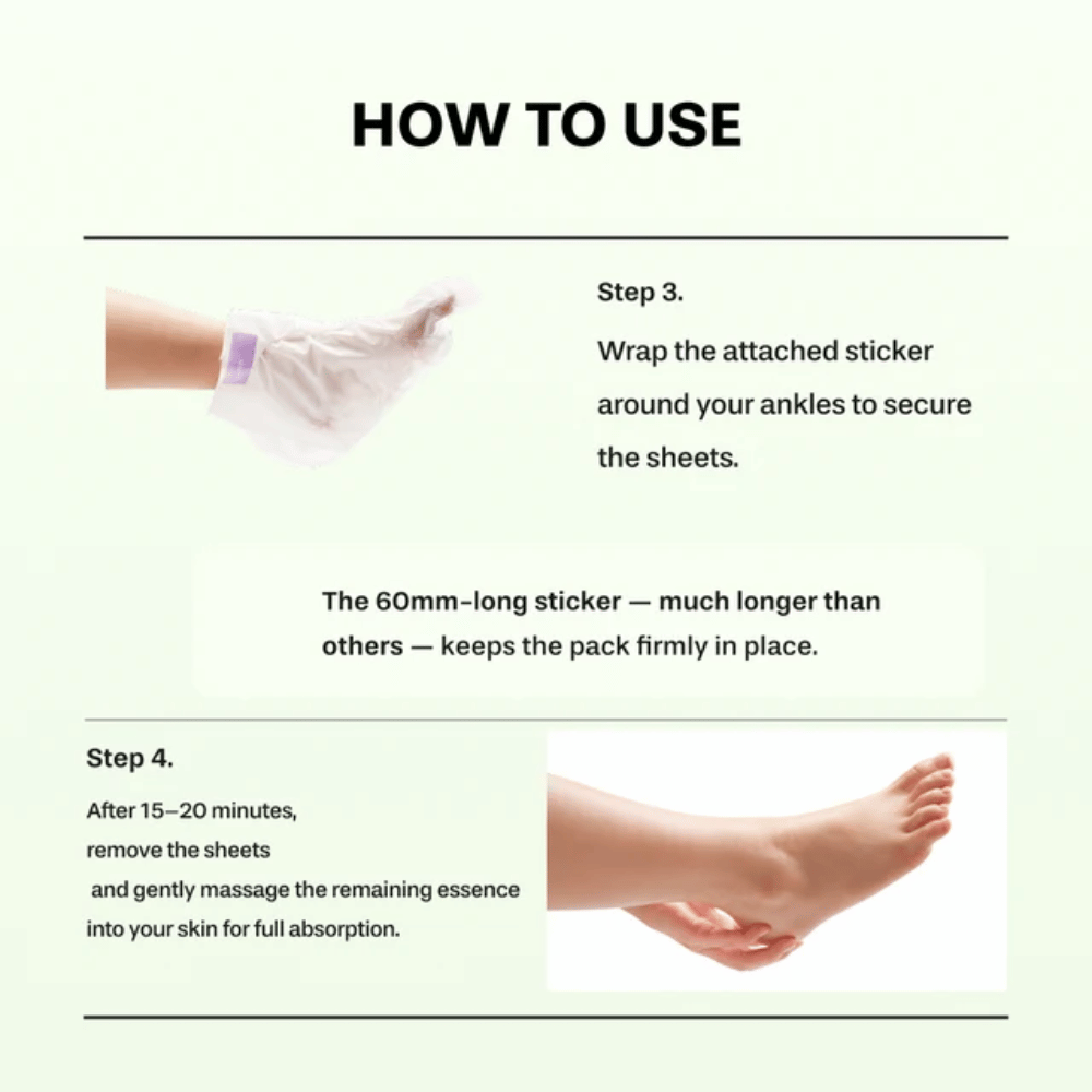 1. Baren Centella Deep Soothing Ritual Foot Mask – steps 3 and 4 showing how the foot mask is fastened around the ankle and removed after 15–20 minutes