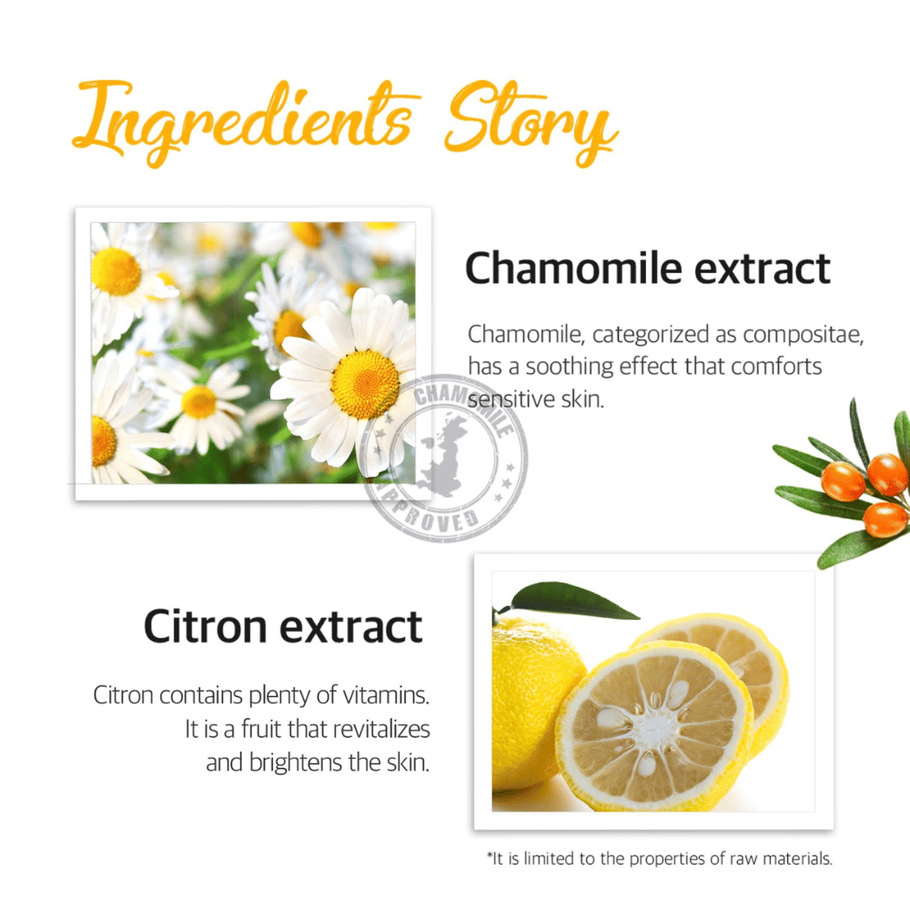 Informational image about the ingredients chamomile extract and lemon extract. The image describes soothing, refreshing, and radiance-boosting properties for sensitive and tired skin.