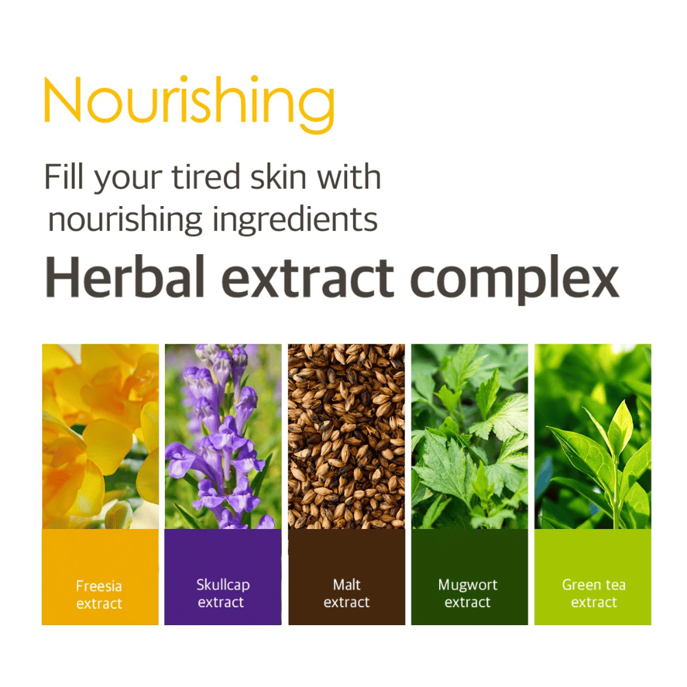 Informational image about the Herbal Extract Complex with plant extracts including freesia, skullcap, malt, mugwort, and green tea that help provide nourishment and care for tired skin.