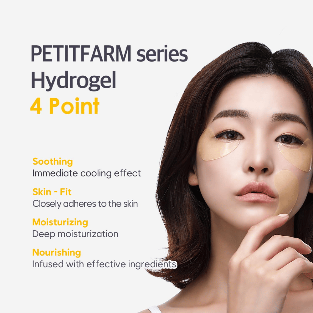 Promotional image with a model using hydrogel eye patches. The image highlights the product’s four main benefits: soothing effect, skin-hugging fit, deep hydration, and nourishing ingredients.
