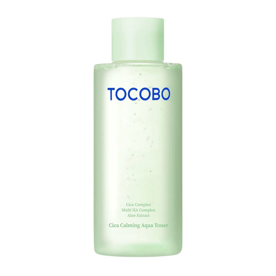 Cut-out product image of TOCOBO Cica Calming Aqua Toner with a minimalist light green design that highlights the product’s clean and soothing feel.