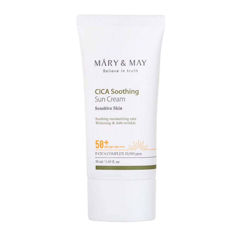 Clean product image of Mary&May CICA Soothing Sun Cream SPF50+ PA++++ against a white background. The image shows the packaging design and highlights the sunscreen's high level of protection for daily use.