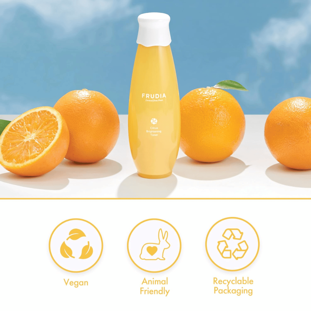 FRUDIA Citrus Brightening Toner with oranges – radiance-boosting Korean toner with citrus, vitamin C, and fruit extracts that evens out skin tone and provides a natural glow.