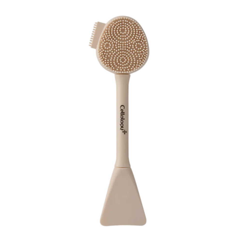 3. Cellolopy Cleaning Brush – beige facial brush with soft silicone bristles and spatula for applying face masks
