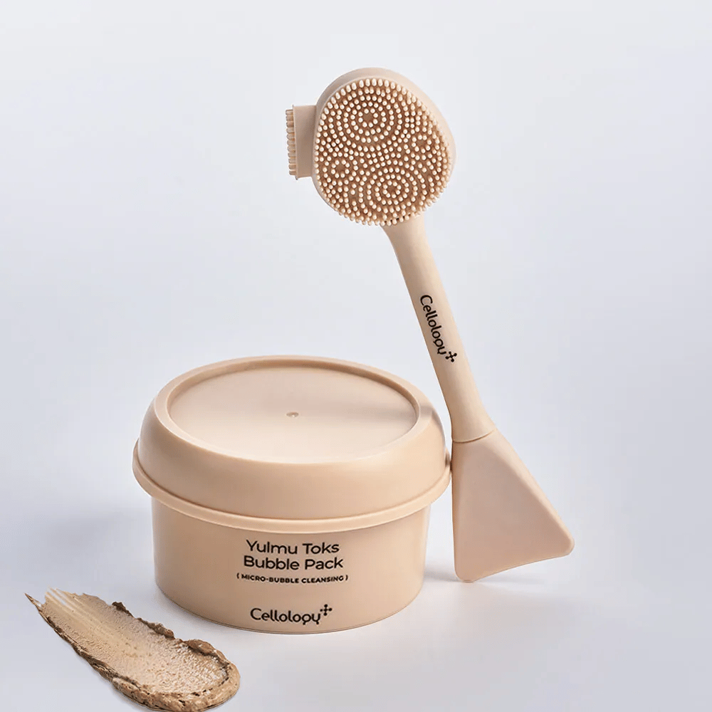 1. Cellolopy Cleaning Brush – beige cleansing brush with silicone bristles and spatula together with Yulmu Toks Bubble Pack