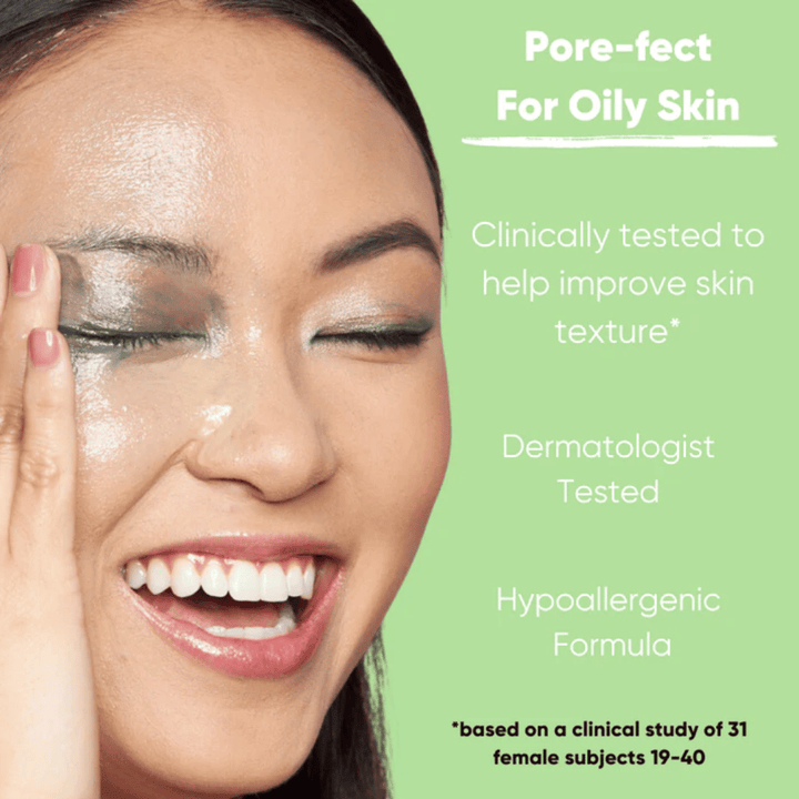 Model with fresh skin showing the effect of Clean It Zero Pore Clarifying Cleansing Balm, clinically tested and hypoallergenic formula that improves skin texture and is suitable for oily skin.