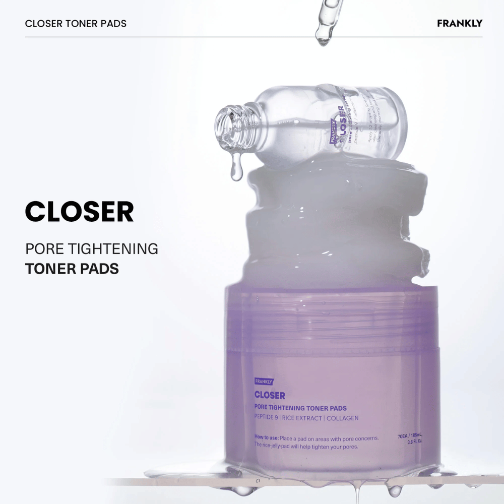 FRANKLY Closer Toner Pads with dripping toner. Shows the product filled with moisturizing essence for pore refinement and refreshed skin.