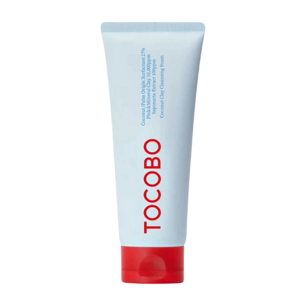 The tube of TOCOBO Coconut Clay Cleansing Foam is visible. The tube is light blue with a red cap and the text "TOCOBO" in large letters on the front. The product is described as a coconut clay cleansing foam and contains natural ingredients.