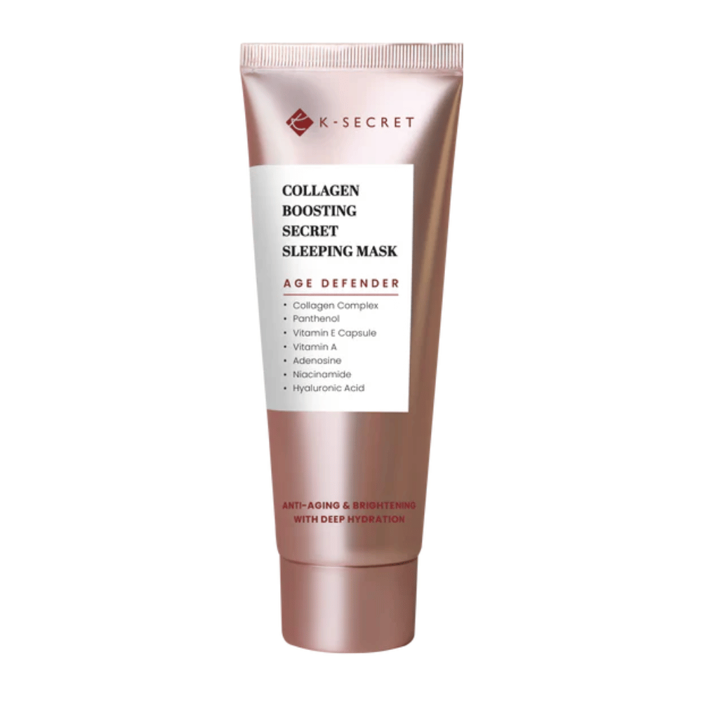 Product image of K-SECRET Collagen Boosting Secret Sleeping Mask in a rose gold-colored tube with text highlighting anti-aging, moisturizing, and ingredients like collagen, panthenol, and hyaluronic acid.