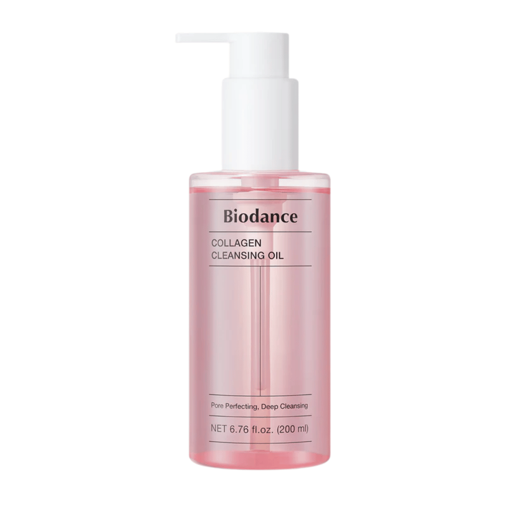 Product image of Biodance Collagen Cleansing Oil in a transparent pink bottle with a white pump, the text "Pore Perfecting, Deep Cleansing" and volume indication 200 ml.